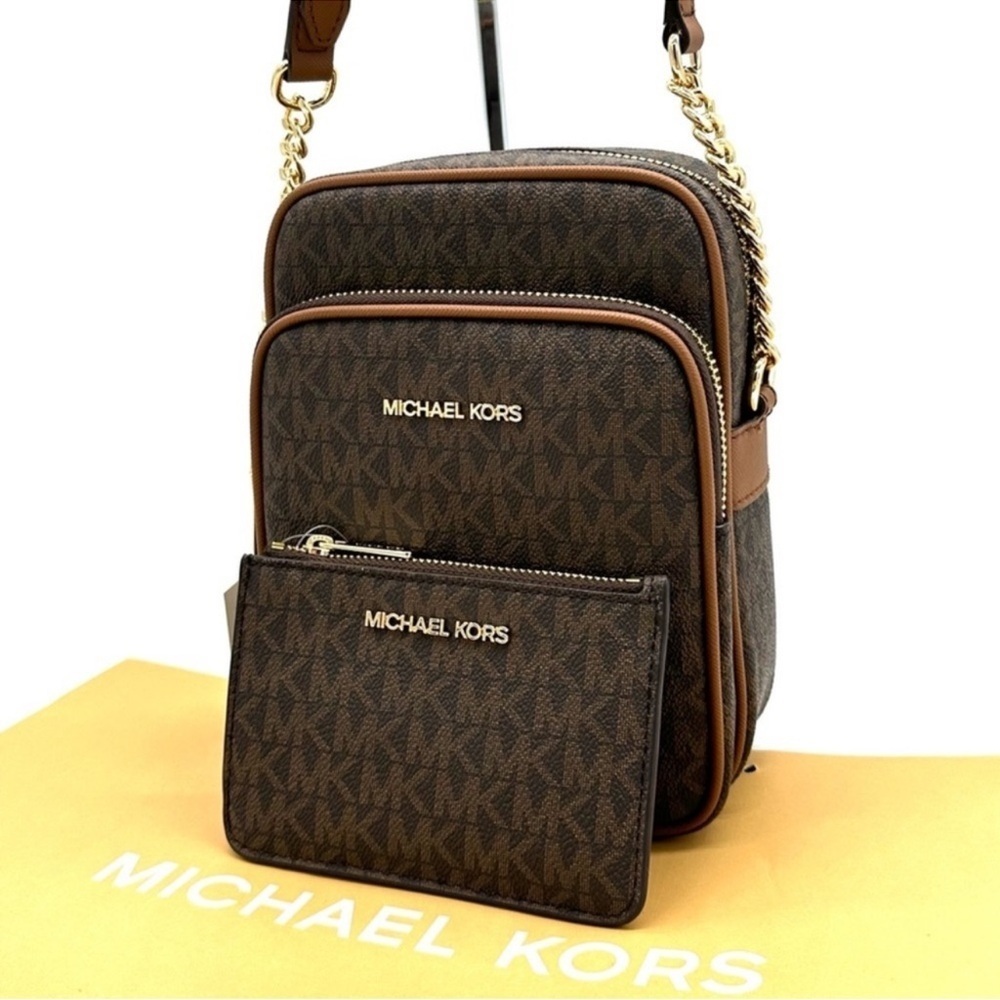 Michael Kors Medium NS Chain Xbody Bag & Small TZ Coinpouch w/D Brown/Gold